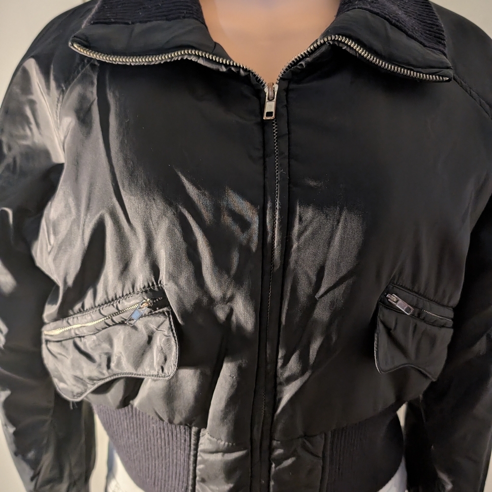 Dittos Women's Cropped Ribbed Fitted Black Bomber Jacket Size XL - Picture 7 of 8